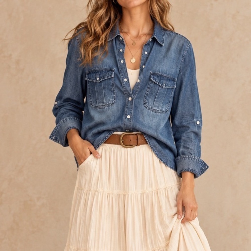Chico's Tencel Cotton Denim Button Down Shirt Roll Tab Sleeve Medium Wash 2 g5